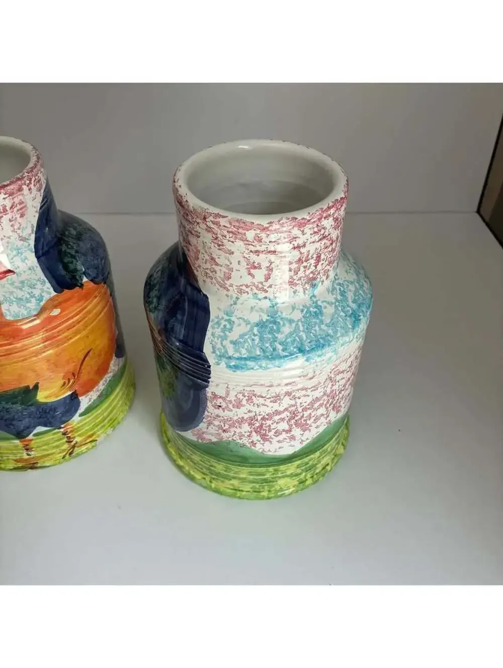 Vintage Bellini Piu Italy Rooster Ceramic Vases Pair Hand Painted 9.5”
